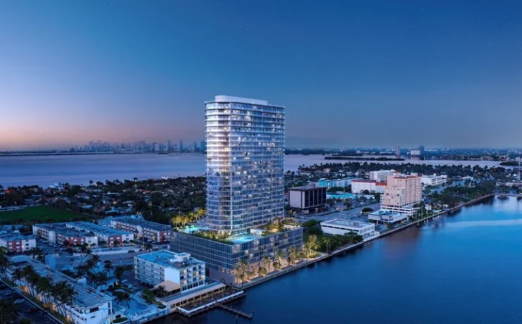 Aerial rendering of Continuum Club & Residences, a luxury waterfront condominium tower in North Bay Village.