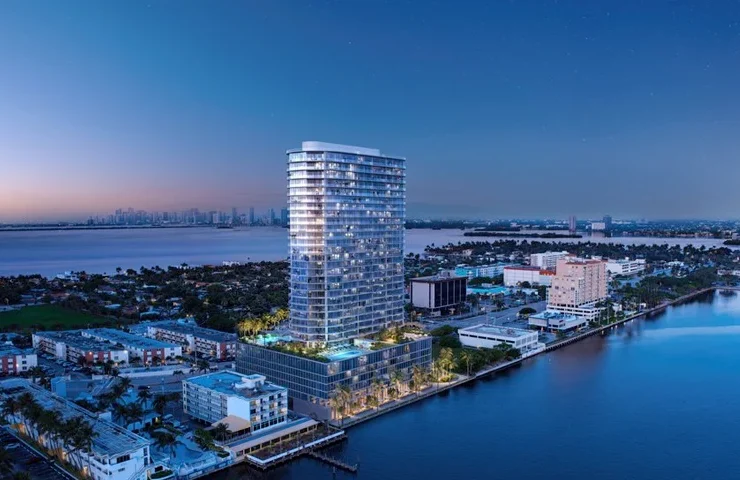 Aerial rendering of Continuum Club & Residences, a luxury waterfront condominium tower in North Bay Village.