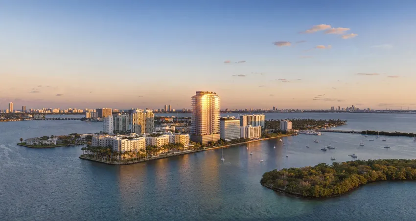 Architectural rendering of Pagani Residences overlooking Biscayne Bay in North Bay Village at sunset.