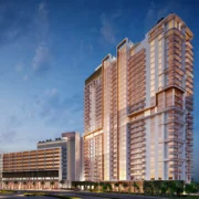 Shoma Bay tower rendering with Publix supermarket and retail promenade in North Bay Village, Florida
