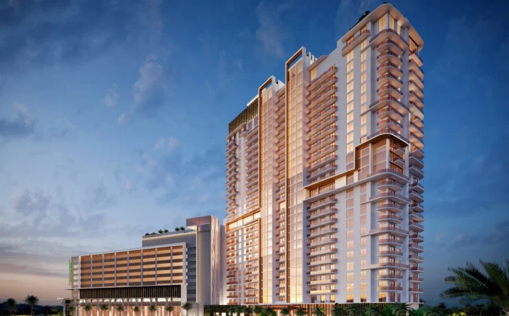 Shoma Bay tower rendering with Publix supermarket and retail promenade in North Bay Village, Florida