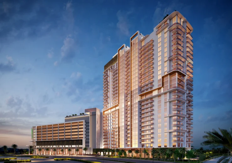 Shoma Bay tower rendering with Publix supermarket and retail promenade in North Bay Village, Florida