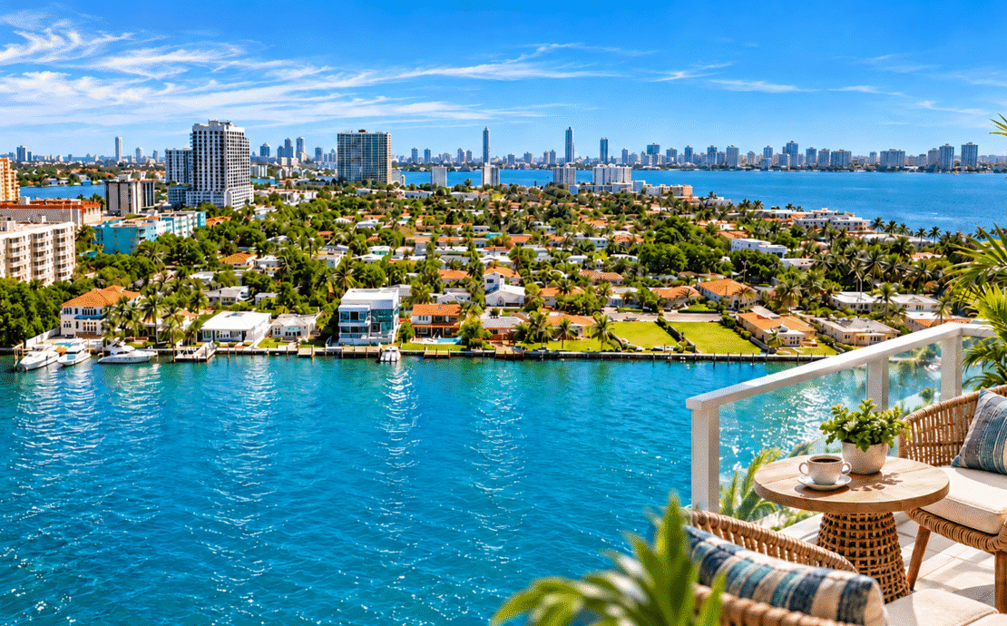Photo composite of North Bay Village waterfront and Biscayne Bay, with a furnished balcony in the foreground.
