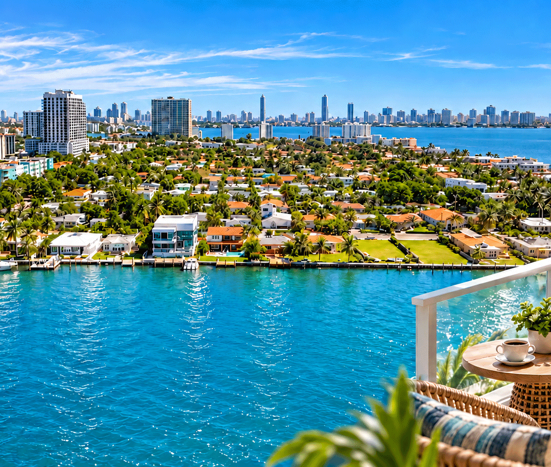 Photo composite of North Bay Village waterfront and Biscayne Bay, with a furnished balcony in the foreground.