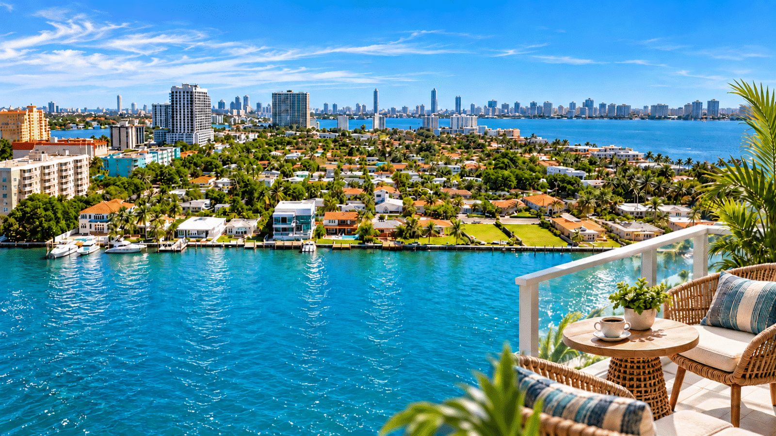 Photo composite of North Bay Village waterfront and Biscayne Bay, with a furnished balcony in the foreground.