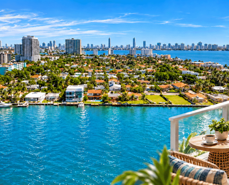 Photo composite of North Bay Village waterfront and Biscayne Bay, with a furnished balcony in the foreground.