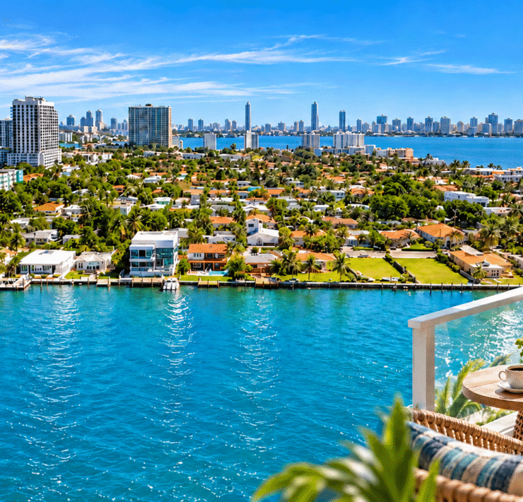Photo composite of North Bay Village waterfront and Biscayne Bay, with a furnished balcony in the foreground.