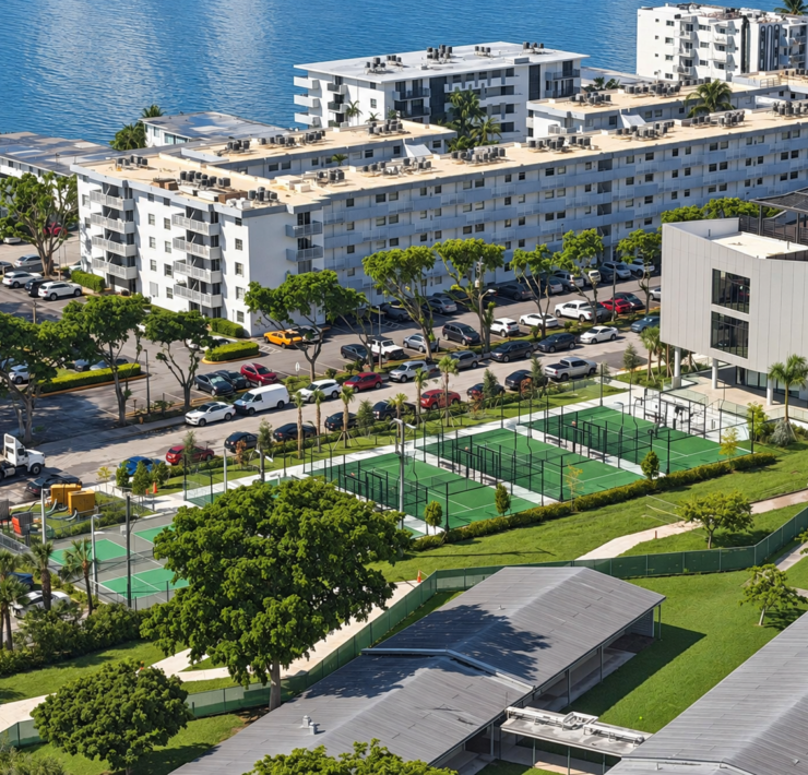 Elevated view of green sports courts beside a modern community center in North Bay Village, with residential buildings and waterfront in the background.
