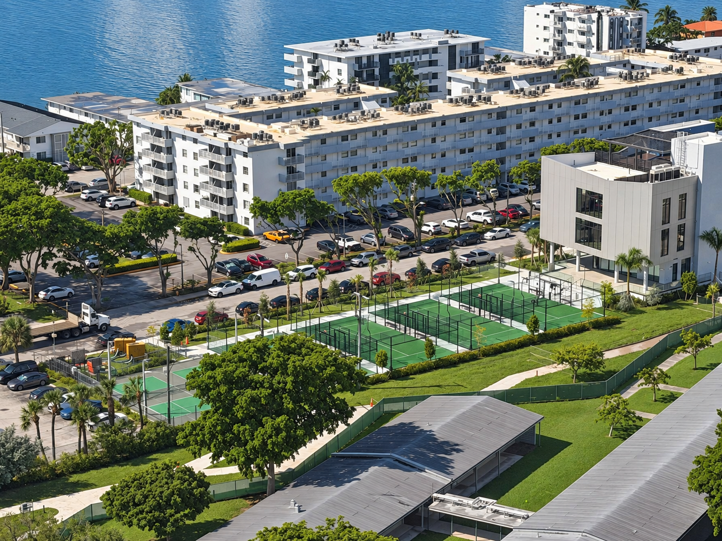 Elevated view of green sports courts beside a modern community center in North Bay Village, with residential buildings and waterfront in the background.