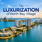 Aerial view of North Bay Village waterfront and condominium buildings illustrating the luxurization and transformation of the community.