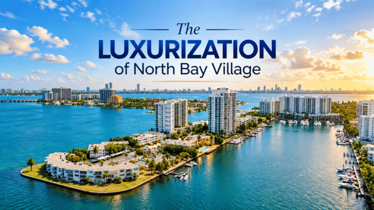 Aerial view of North Bay Village waterfront and condominium buildings illustrating the luxurization and transformation of the community.