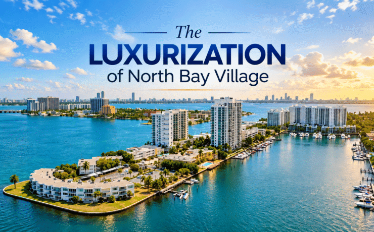 Aerial view of North Bay Village waterfront and condominium buildings illustrating the luxurization and transformation of the community.