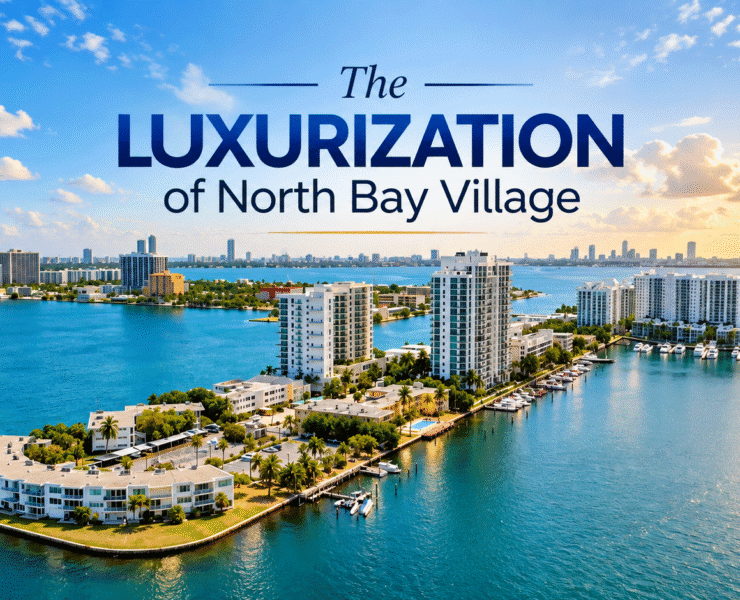 Aerial view of North Bay Village waterfront and condominium buildings illustrating the luxurization and transformation of the community.