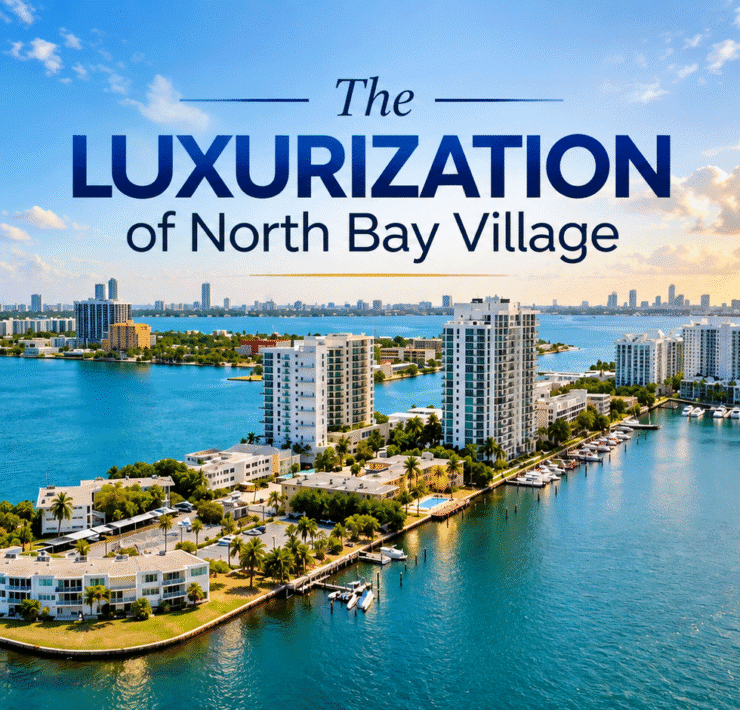 Aerial view of North Bay Village waterfront and condominium buildings illustrating the luxurization and transformation of the community.