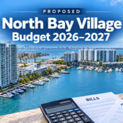 North Bay Village waterfront with budget documents, bills, and property tax graphics illustrating the proposed 2026–2027 budget.
