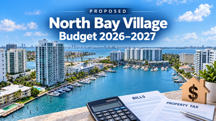 North Bay Village waterfront with budget documents, bills, and property tax graphics illustrating the proposed 2026–2027 budget.
