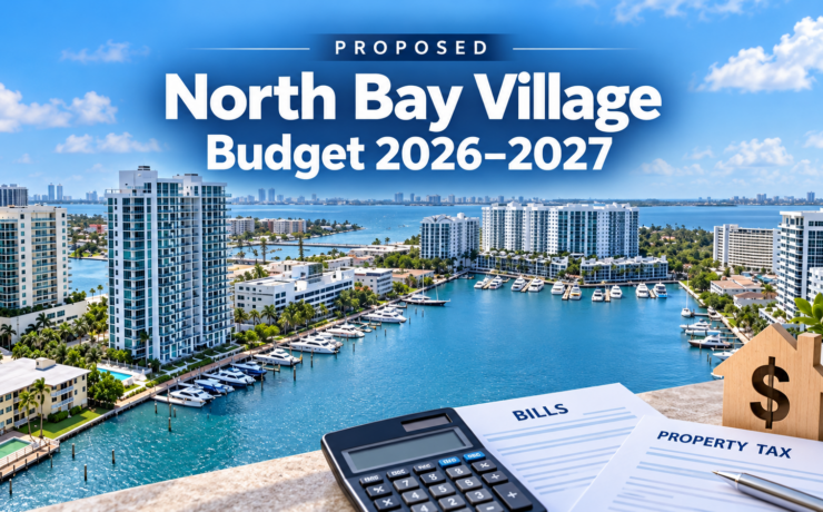 North Bay Village waterfront with budget documents, bills, and property tax graphics illustrating the proposed 2026–2027 budget.