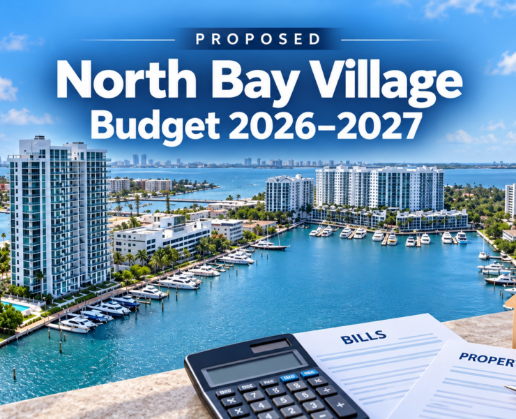 North Bay Village waterfront with budget documents, bills, and property tax graphics illustrating the proposed 2026–2027 budget.