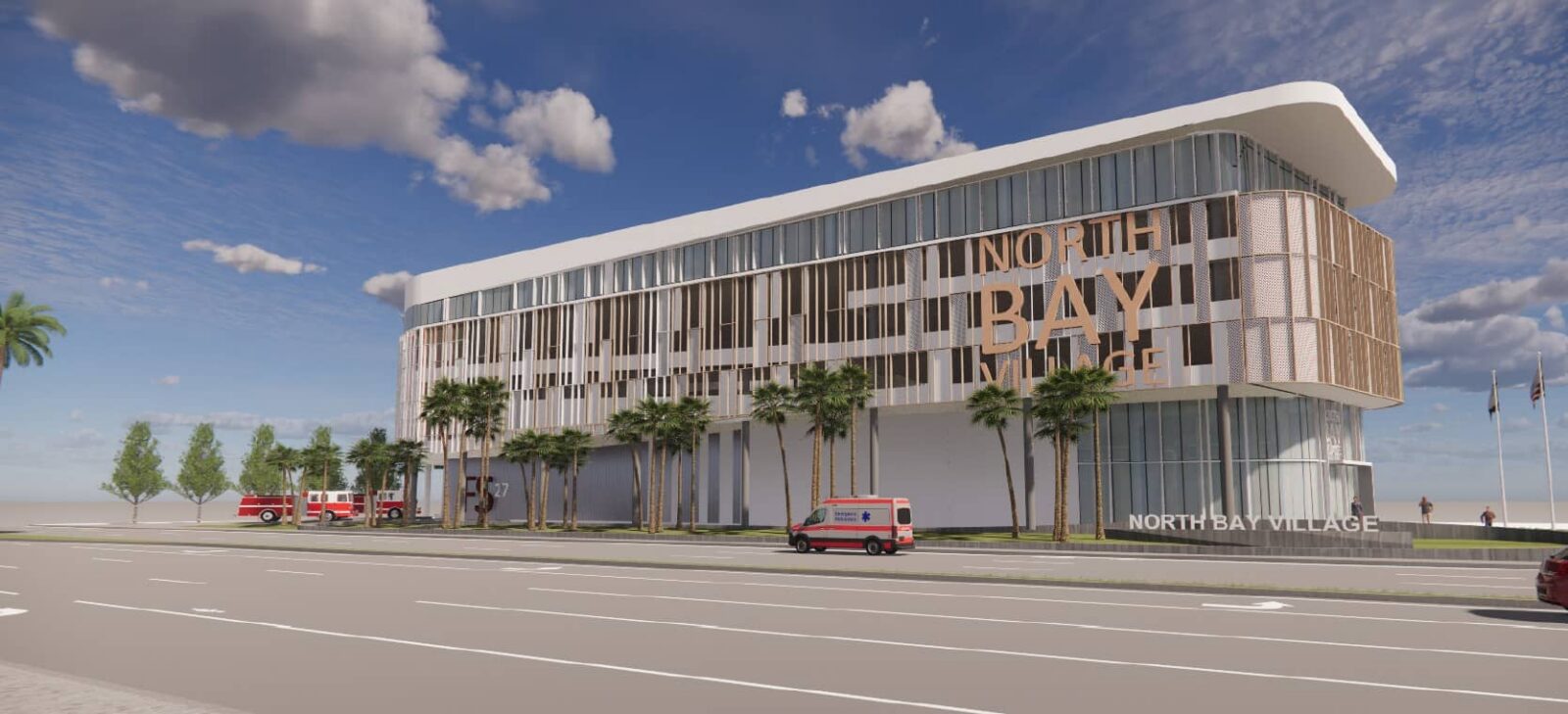 Rendering of the proposed North Bay Village municipal complex, featuring a modern façade, palm trees, and emergency vehicles.