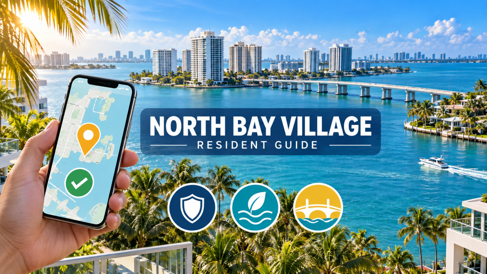 North Bay Village resident reporting guide illustration with a waterfront skyline, smartphone location pin, and icons for safety, environmental protection, and bridges.