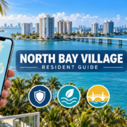 North Bay Village resident reporting guide illustration with a waterfront skyline, smartphone location pin, and icons for safety, environmental protection, and bridges.