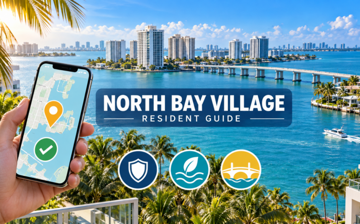 North Bay Village resident reporting guide illustration with a waterfront skyline, smartphone location pin, and icons for safety, environmental protection, and bridges.