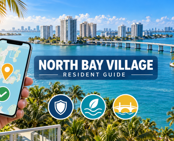 North Bay Village resident reporting guide illustration with a waterfront skyline, smartphone location pin, and icons for safety, environmental protection, and bridges.