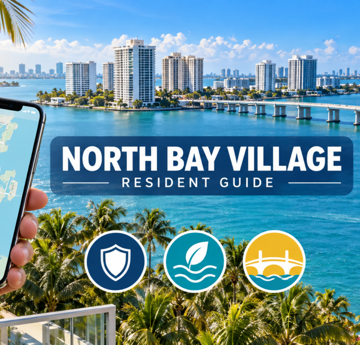 North Bay Village resident reporting guide illustration with a waterfront skyline, smartphone location pin, and icons for safety, environmental protection, and bridges.