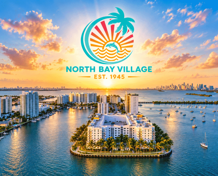 North Bay Village waterfront with the Village logo highlighting the Workforce Housing Program and housing assistance for residents.