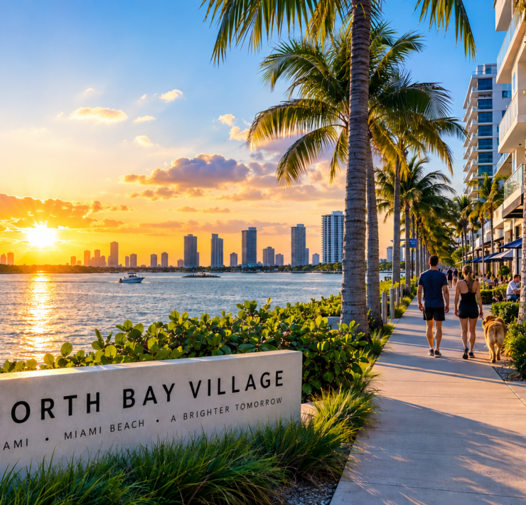 North Bay Village waterfront promenade at sunset with palm trees, Biscayne Bay views, residents walking, and modern waterfront buildings.