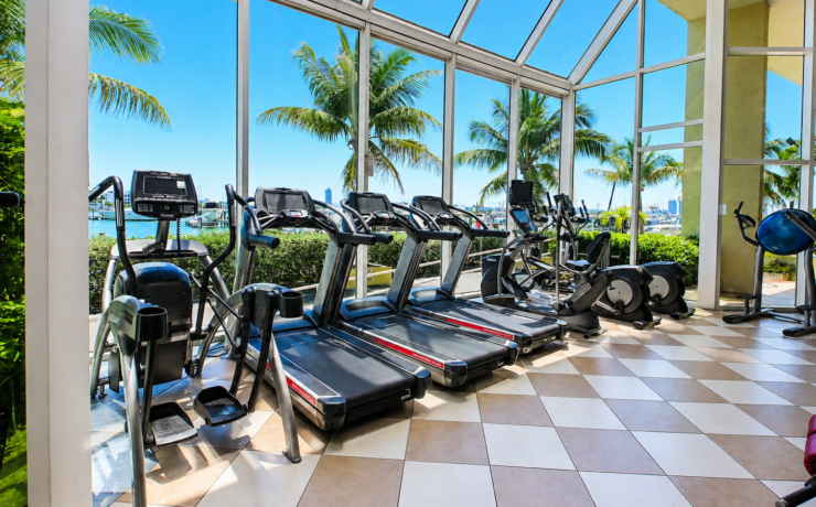 Cardio equipment at Treasure Drive Fitness in North Bay Village, beside large windows overlooking palm trees and the marina.