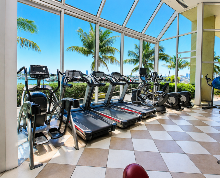 Cardio equipment at Treasure Drive Fitness in North Bay Village, beside large windows overlooking palm trees and the marina.