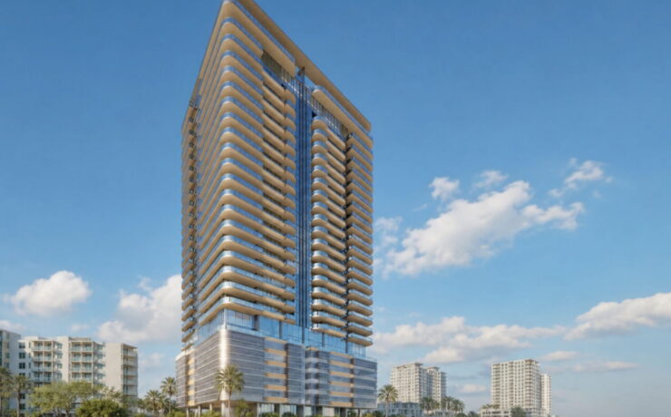 Rendering of Urbanica’s proposed waterfront tower in North Bay Village, featuring curved balconies and a landscaped bayfront walkway.
