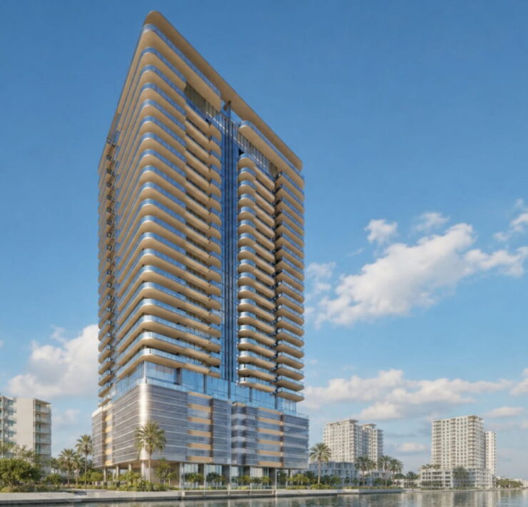 Rendering of Urbanica’s proposed waterfront tower in North Bay Village, featuring curved balconies and a landscaped bayfront walkway.