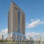 Rendering of Urbanica’s proposed waterfront tower in North Bay Village, featuring curved balconies and a landscaped bayfront walkway.
