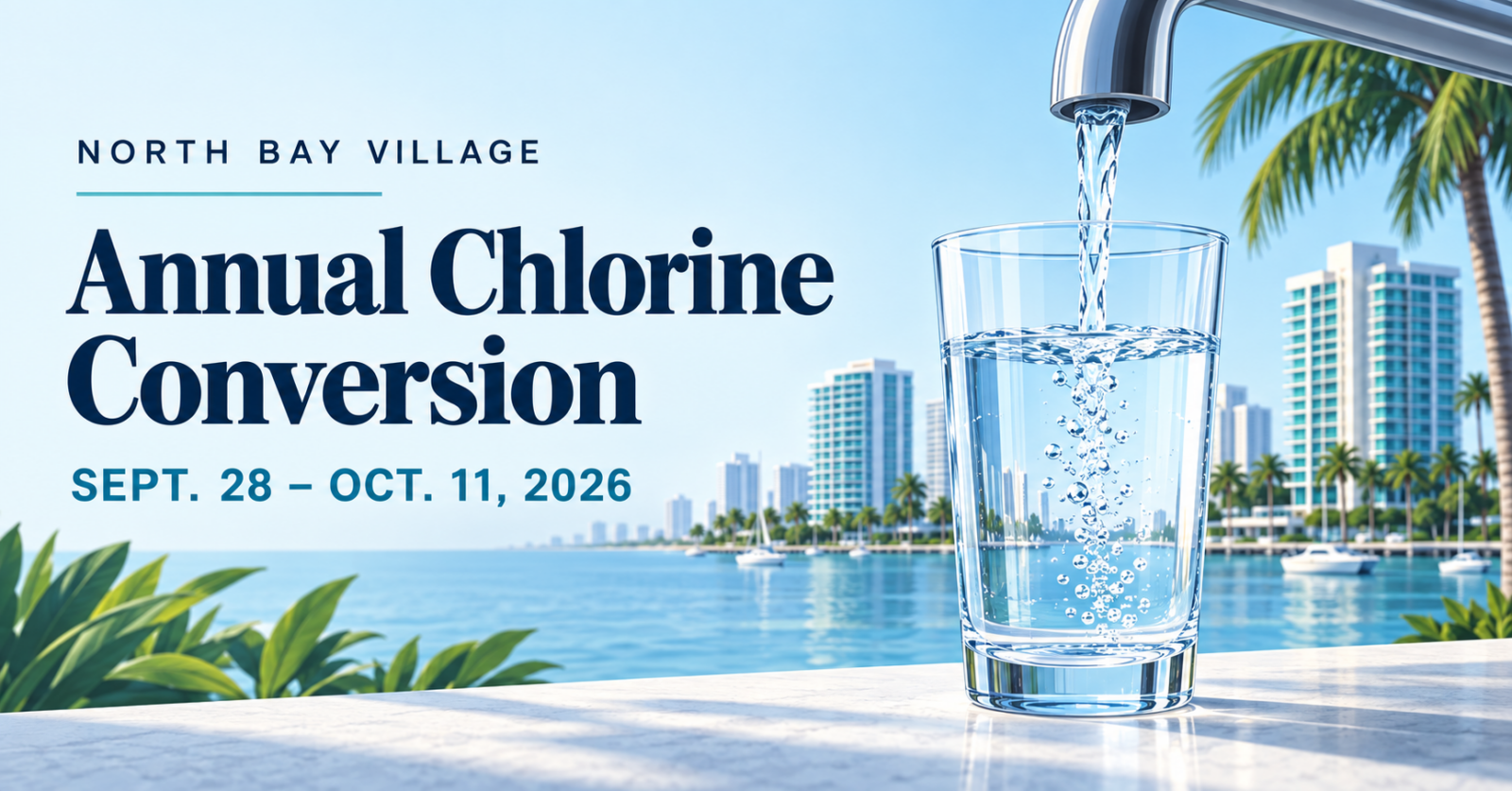 Tap filling a glass of water against a coastal skyline, with text announcing North Bay Village’s chlorine conversion, Sept. 28–Oct. 11, 2026.