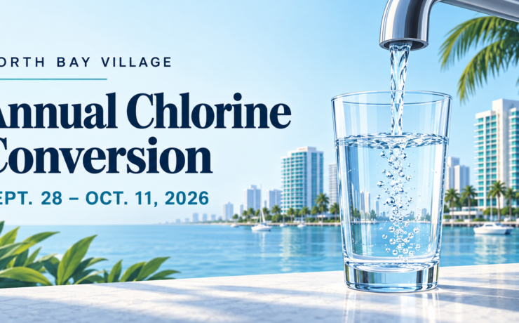Tap filling a glass of water against a coastal skyline, with text announcing North Bay Village’s chlorine conversion, Sept. 28–Oct. 11, 2026.