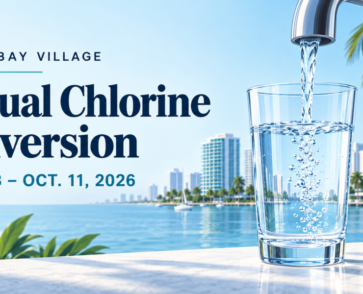 Tap filling a glass of water against a coastal skyline, with text announcing North Bay Village’s chlorine conversion, Sept. 28–Oct. 11, 2026.