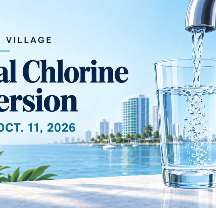 Tap filling a glass of water against a coastal skyline, with text announcing North Bay Village’s chlorine conversion, Sept. 28–Oct. 11, 2026.