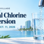 Tap filling a glass of water against a coastal skyline, with text announcing North Bay Village’s chlorine conversion, Sept. 28–Oct. 11, 2026.