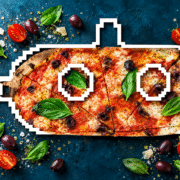 Creative pizza composition featuring fresh basil, olives and a submarine design in North Bay Village.