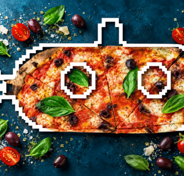 Creative pizza composition featuring fresh basil, olives and a submarine design in North Bay Village.