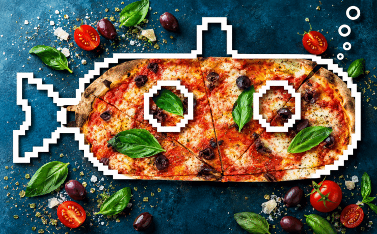 Creative pizza composition featuring fresh basil, olives and a submarine design in North Bay Village.