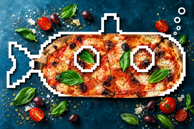 Creative pizza composition featuring fresh basil, olives and a submarine design in North Bay Village.