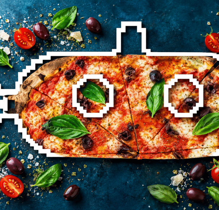 Creative pizza composition featuring fresh basil, olives and a submarine design in North Bay Village.