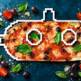Creative pizza composition featuring fresh basil, olives and a submarine design in North Bay Village.
