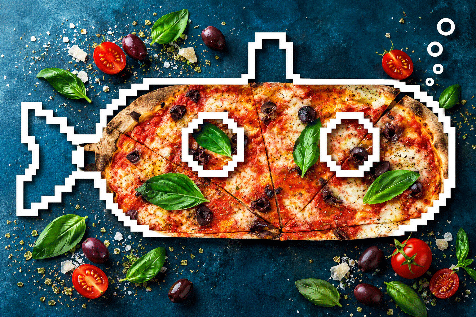 Creative pizza composition featuring fresh basil, olives and a submarine design in North Bay Village.